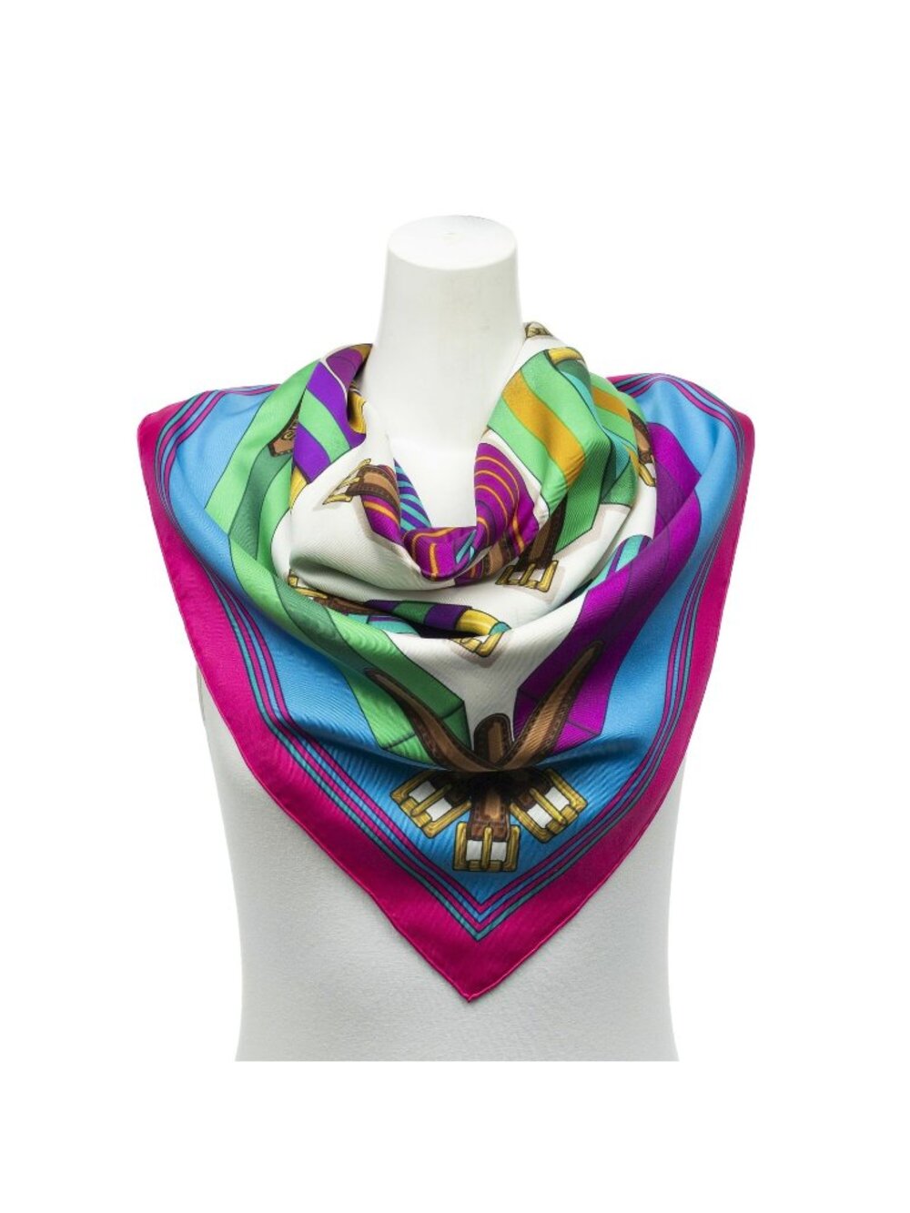 Hermes Scarf Fuchsia Green Ivory Twill Silk
